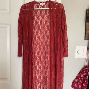 Red floral lace long cardigan